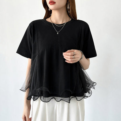 Tulle Docking T-Shirt | Double Frill Peplum Cotton Top -  Écru Doux
