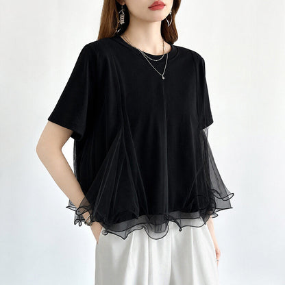 Tulle Docking T-Shirt | Double Frill Peplum Cotton Top -  Écru Doux