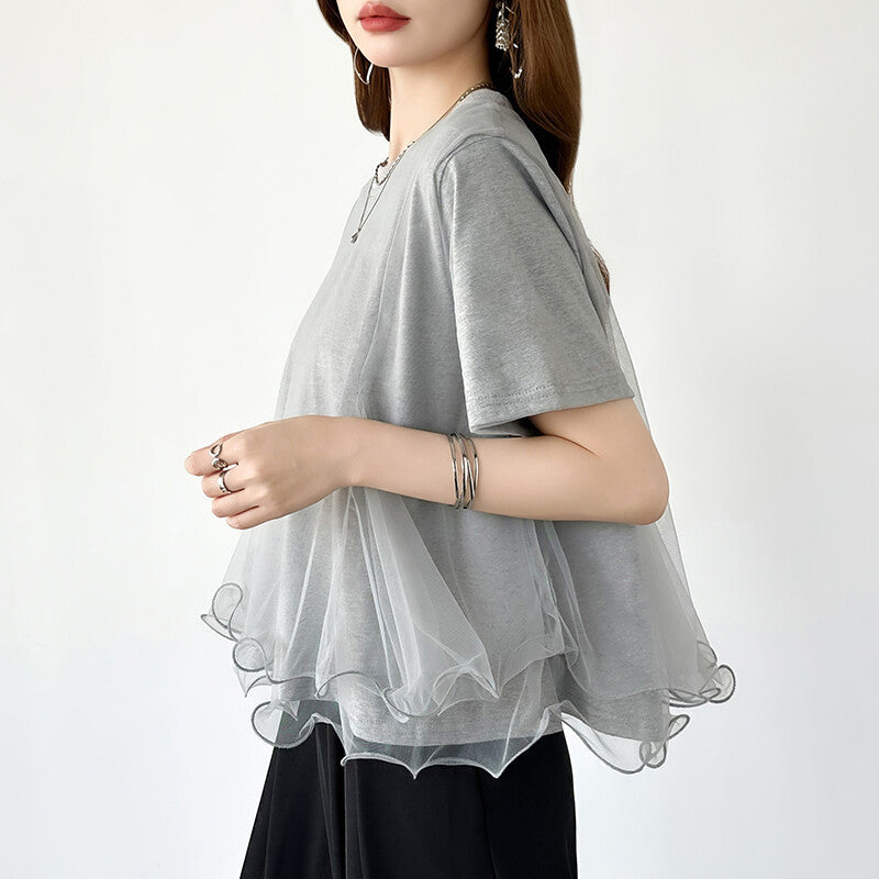 Tulle Docking T-Shirt | Double Frill Peplum Cotton Top -  Écru Doux