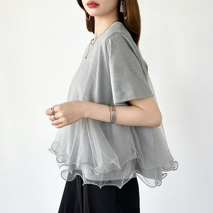 Tulle Docking T-Shirt | Double Frill Peplum Cotton Top -  Écru Doux