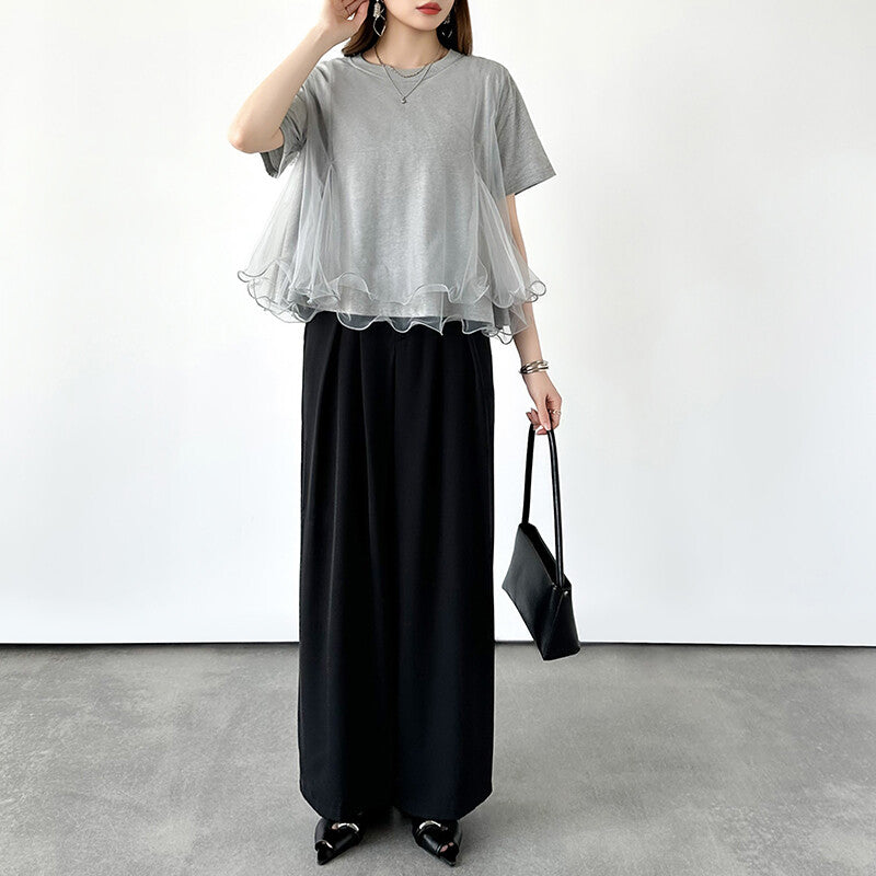Tulle Docking T-Shirt | Double Frill Peplum Cotton Top -  Écru Doux