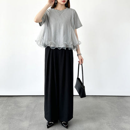 Tulle Docking T-Shirt | Double Frill Peplum Cotton Top -  Écru Doux