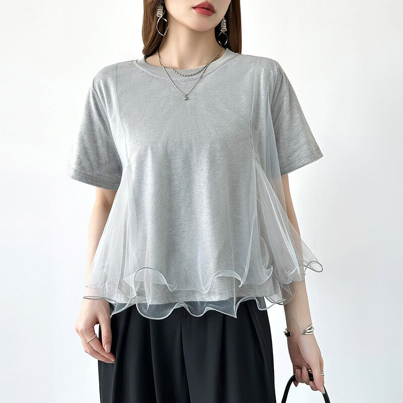 Tulle Docking T-Shirt | Double Frill Peplum Cotton Top -  Écru Doux