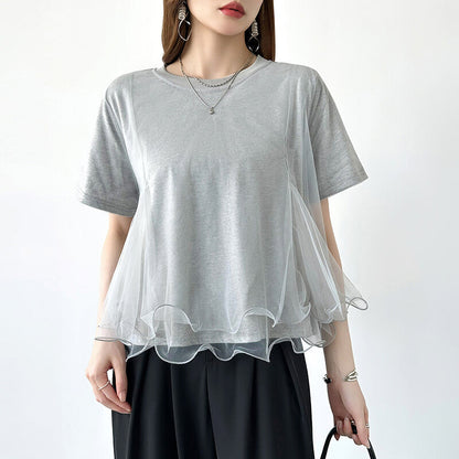 Tulle Docking T-Shirt | Double Frill Peplum Cotton Top -  Écru Doux