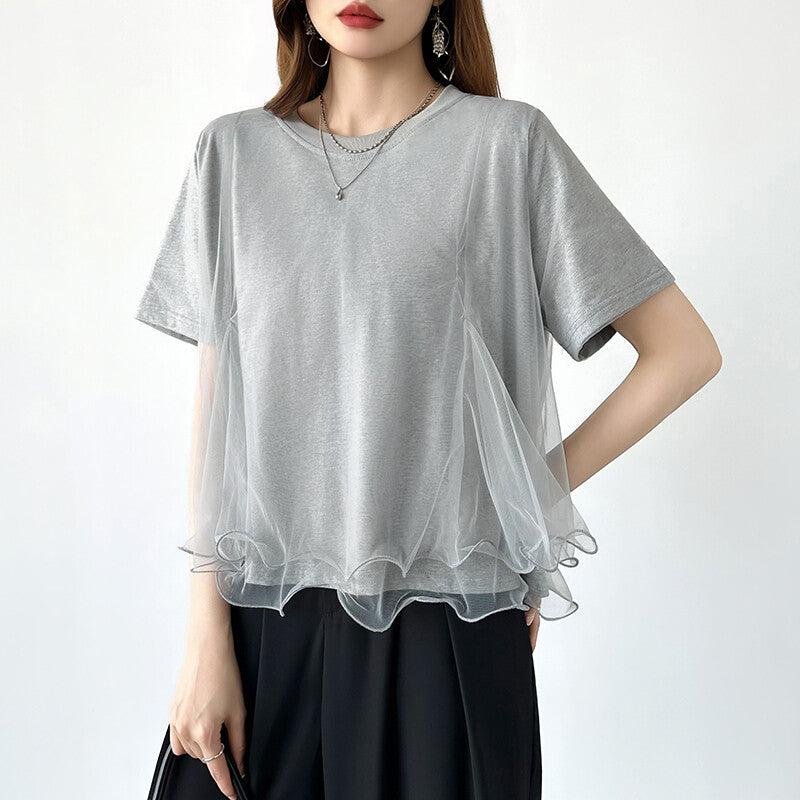 Tulle Docking T-Shirt | Double Frill Peplum Cotton Top -  Écru Doux