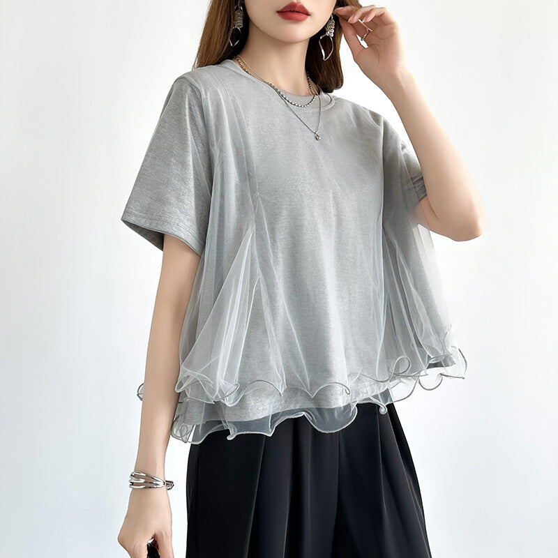 Tulle Docking T-Shirt | Double Frill Peplum Cotton Top -  Écru Doux