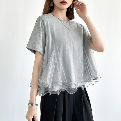 Tulle Docking T-Shirt | Double Frill Peplum Cotton Top -  Écru Doux