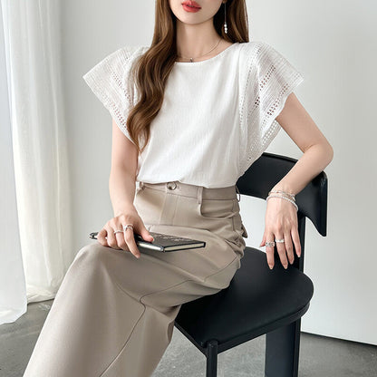 Lace Sleeve Cotton Top | Elegant Ruffle Blouse for Women -  Écru Doux