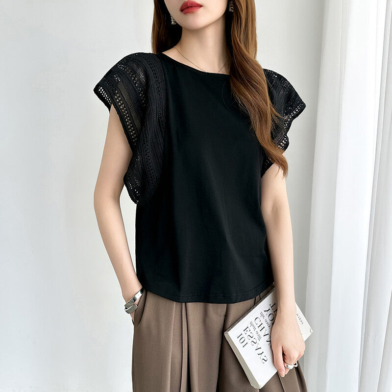 Lace Sleeve Cotton Top | Elegant Ruffle Blouse for Women -  Écru Doux