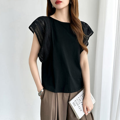 Lace Sleeve Cotton Top | Elegant Ruffle Blouse for Women -  Écru Doux