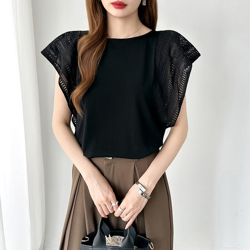 Lace Sleeve Cotton Top | Elegant Ruffle Blouse for Women -  Écru Doux