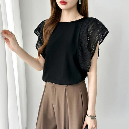 Lace Sleeve Cotton Top | Elegant Ruffle Blouse for Women -  Écru Doux