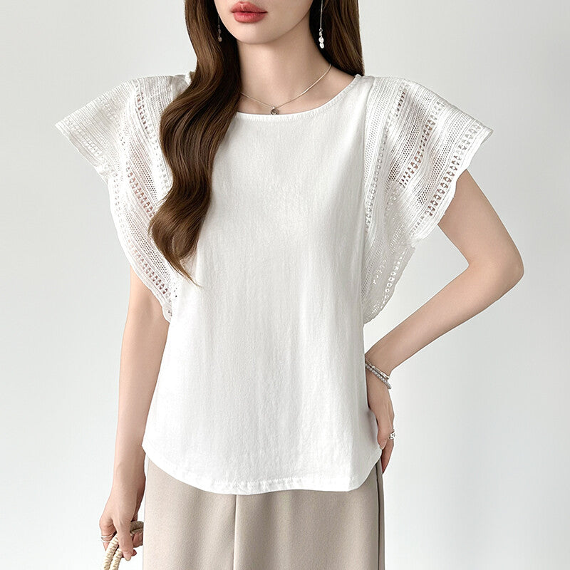 Lace Sleeve Cotton Top | Elegant Ruffle Blouse for Women -  Écru Doux