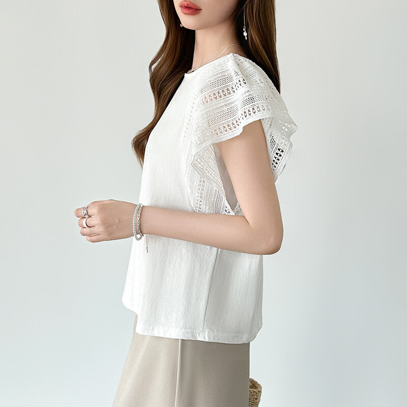 Lace Sleeve Cotton Top | Elegant Ruffle Blouse for Women -  Écru Doux