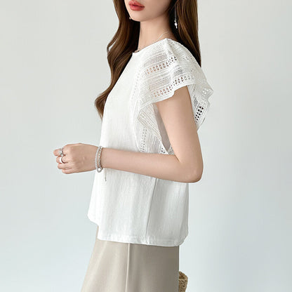 Lace Sleeve Cotton Top | Elegant Ruffle Blouse for Women -  Écru Doux