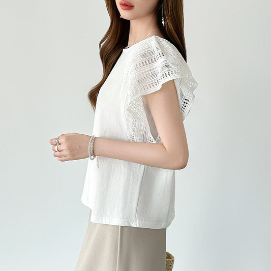 Lace Sleeve Cotton Top | Elegant Ruffle Blouse for Women -  Écru Doux
