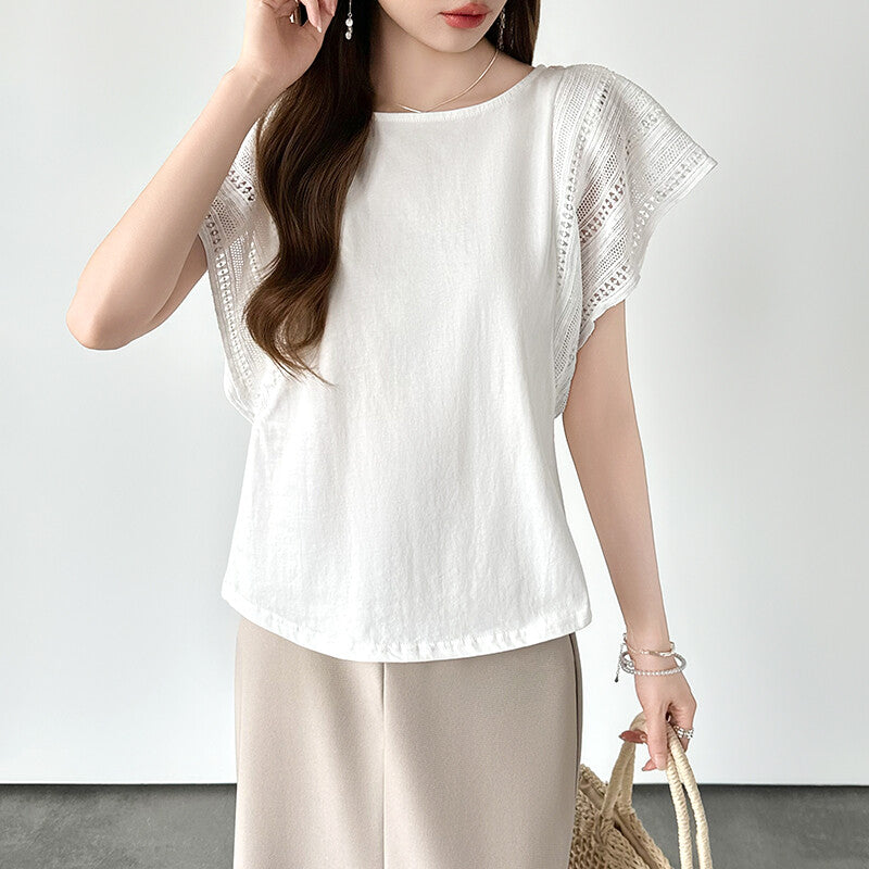 Lace Sleeve Cotton Top | Elegant Ruffle Blouse for Women -  Écru Doux