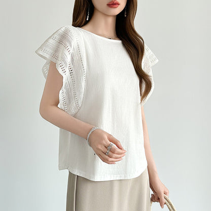 Lace Sleeve Cotton Top | Elegant Ruffle Blouse for Women -  Écru Doux