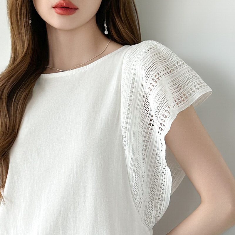 Lace Sleeve Cotton Top | Elegant Ruffle Blouse for Women -  Écru Doux