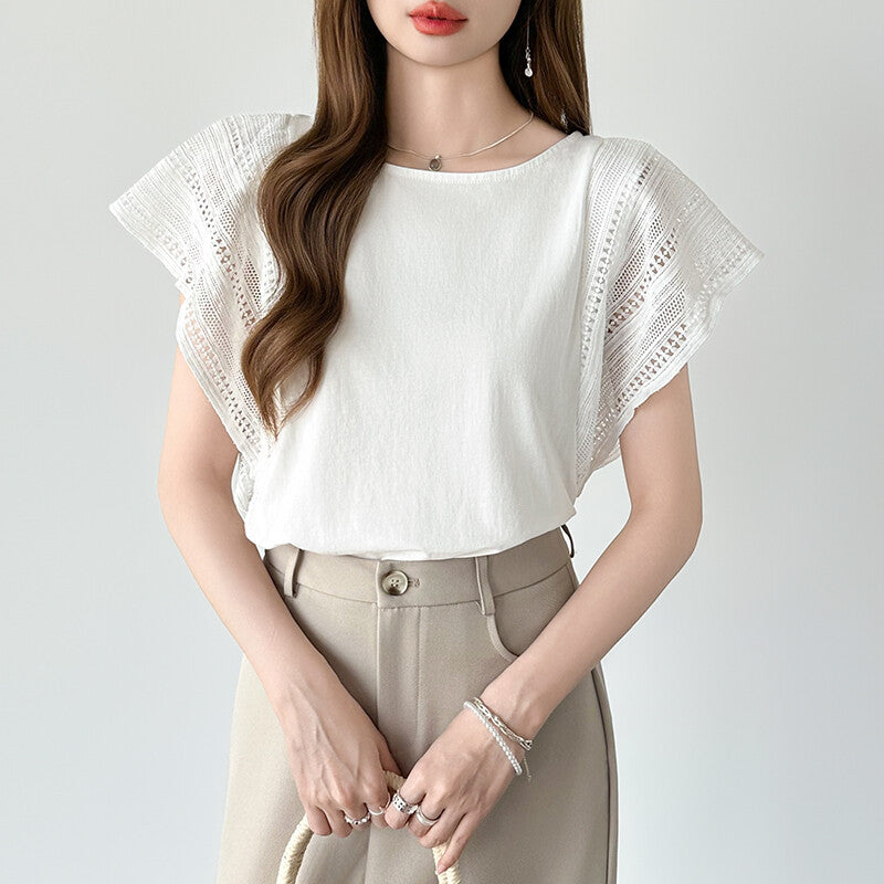 Lace Sleeve Cotton Top | Elegant Ruffle Blouse for Women -  Écru Doux