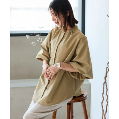 Balloon Sleeve Blouse | Band Collar Shirt -  Écru Doux