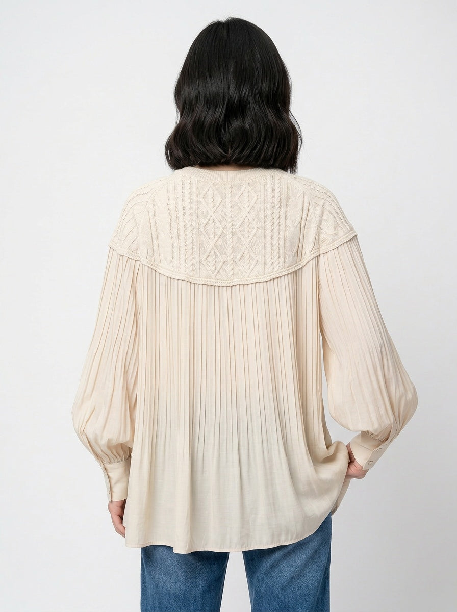 Knit & Pleated Long Sleeve Blouse | Feminine Swing Top -  Écru Doux