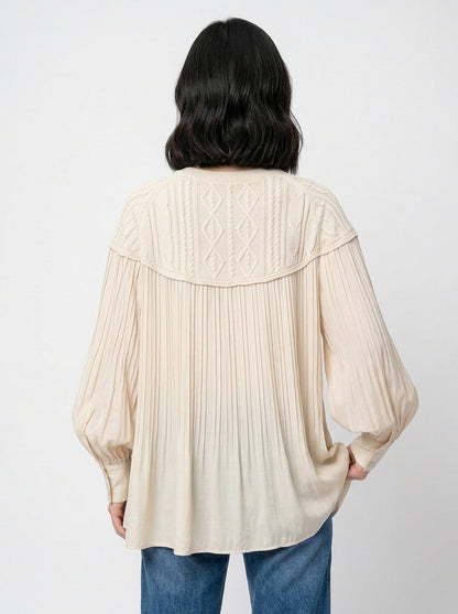 Knit & Pleated Long Sleeve Blouse | Feminine Swing Top -  Écru Doux