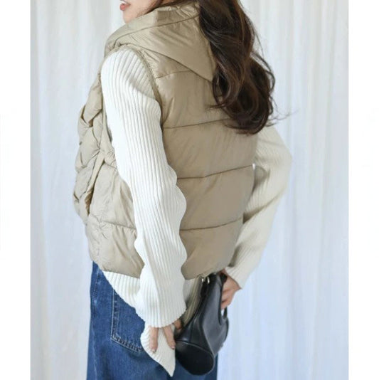 Braided Hooded Down Vest | Warm Nylon Puffer -  Écru Doux