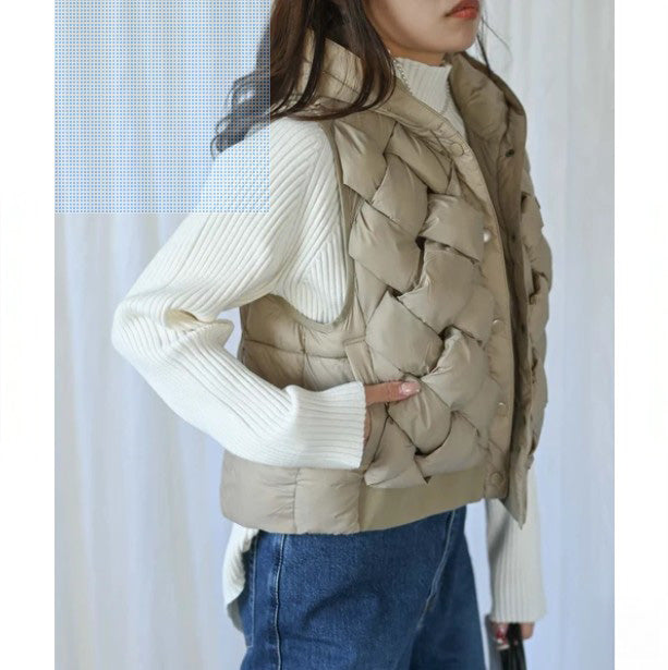 Braided Hooded Down Vest | Warm Nylon Puffer -  Écru Doux
