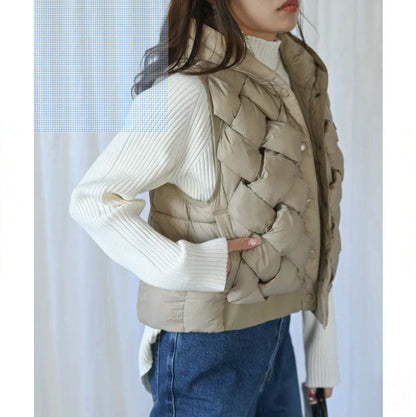 Braided Hooded Down Vest | Warm Nylon Puffer -  Écru Doux