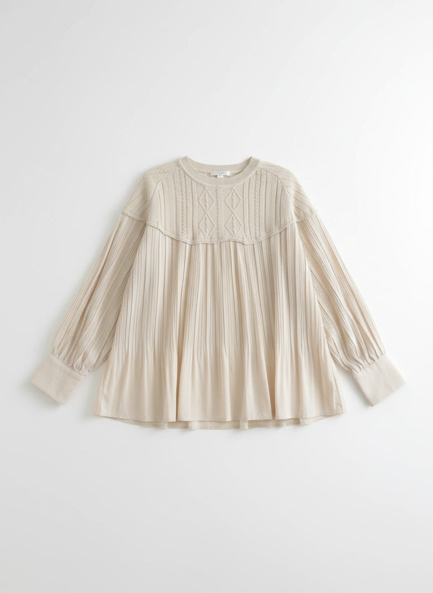 Knit & Pleated Long Sleeve Blouse | Feminine Swing Top -  Écru Doux