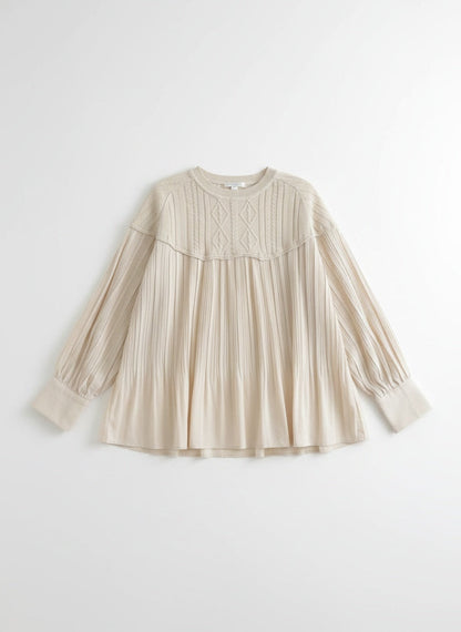 Knit & Pleated Long Sleeve Blouse | Feminine Swing Top -  Écru Doux