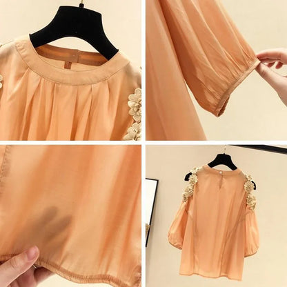Hollow Out Appliqué Women's Off-Shoulder Shirt Summer Casual 3/4 Sleeve Blouse