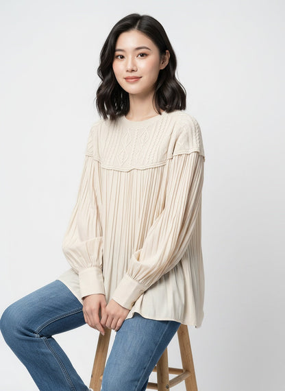 Knit & Pleated Long Sleeve Blouse | Feminine Swing Top -  Écru Doux