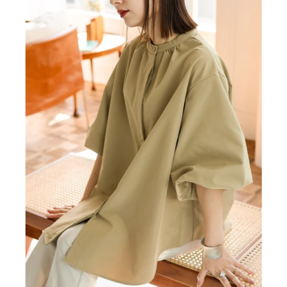 Balloon Sleeve Blouse | Band Collar Shirt -  Écru Doux