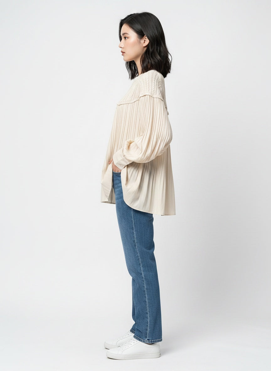 Knit & Pleated Long Sleeve Blouse | Feminine Swing Top -  Écru Doux