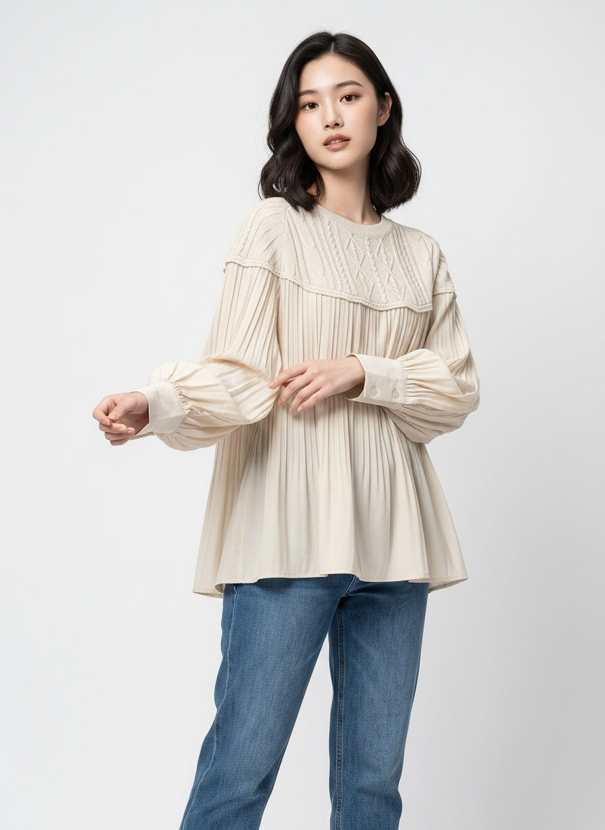 Knit & Pleated Long Sleeve Blouse | Feminine Swing Top -  Écru Doux