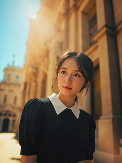 Woman Summer Camisetas Knit Vintage Puff Sleeve Tshirts with Fake Turndown Collar
