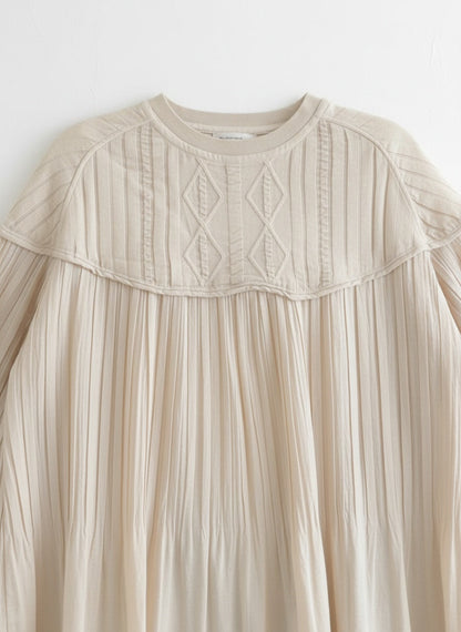 Knit & Pleated Long Sleeve Blouse | Feminine Swing Top -  Écru Doux
