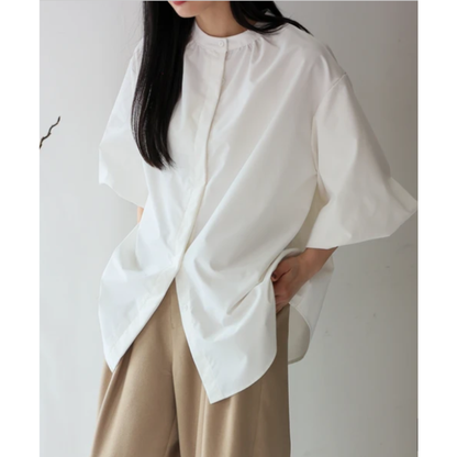 Balloon Sleeve Blouse | Band Collar Shirt -  Écru Doux