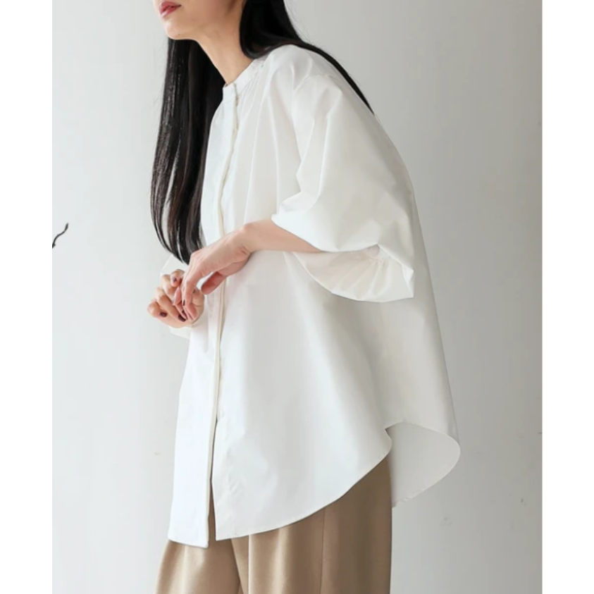 Balloon Sleeve Blouse | Band Collar Shirt -  Écru Doux