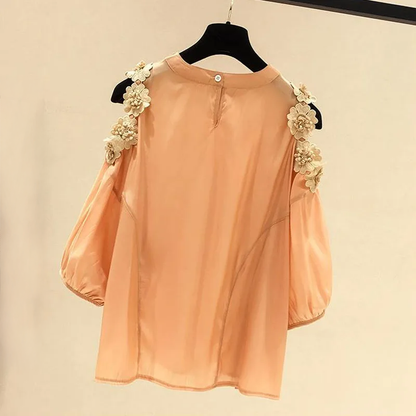 Hollow Out Appliqué Women's Off-Shoulder Shirt Summer Casual 3/4 Sleeve Blouse