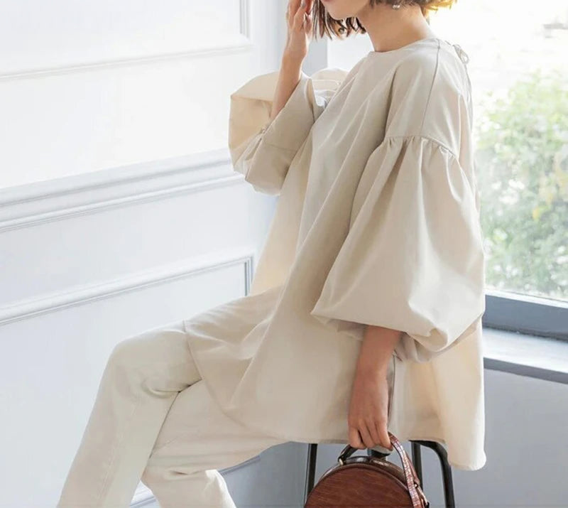 Vintage Puff Sleeve Blouse | Spring Summer Lace-Up -  Écru Doux