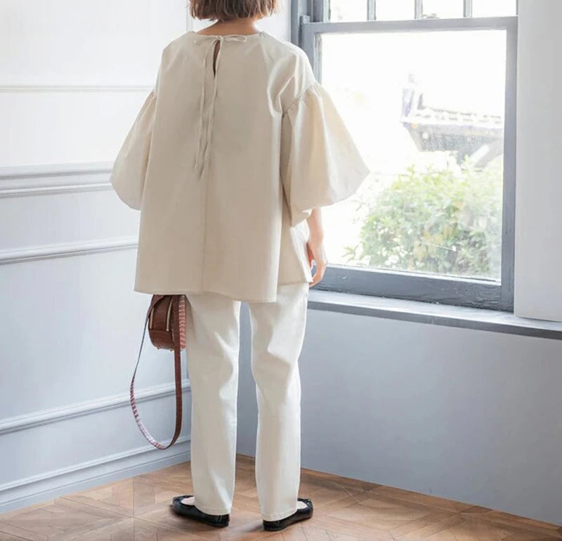 Vintage Puff Sleeve Blouse | Spring Summer Lace-Up -  Écru Doux