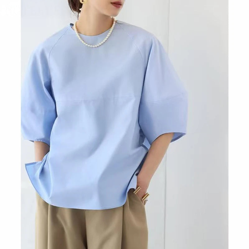 Casual Puff Sleeve Blouse | Summer O-Neck Loose Top -  Écru Doux