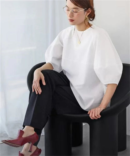 Casual Puff Sleeve Blouse | Summer O-Neck Loose Top -  Écru Doux