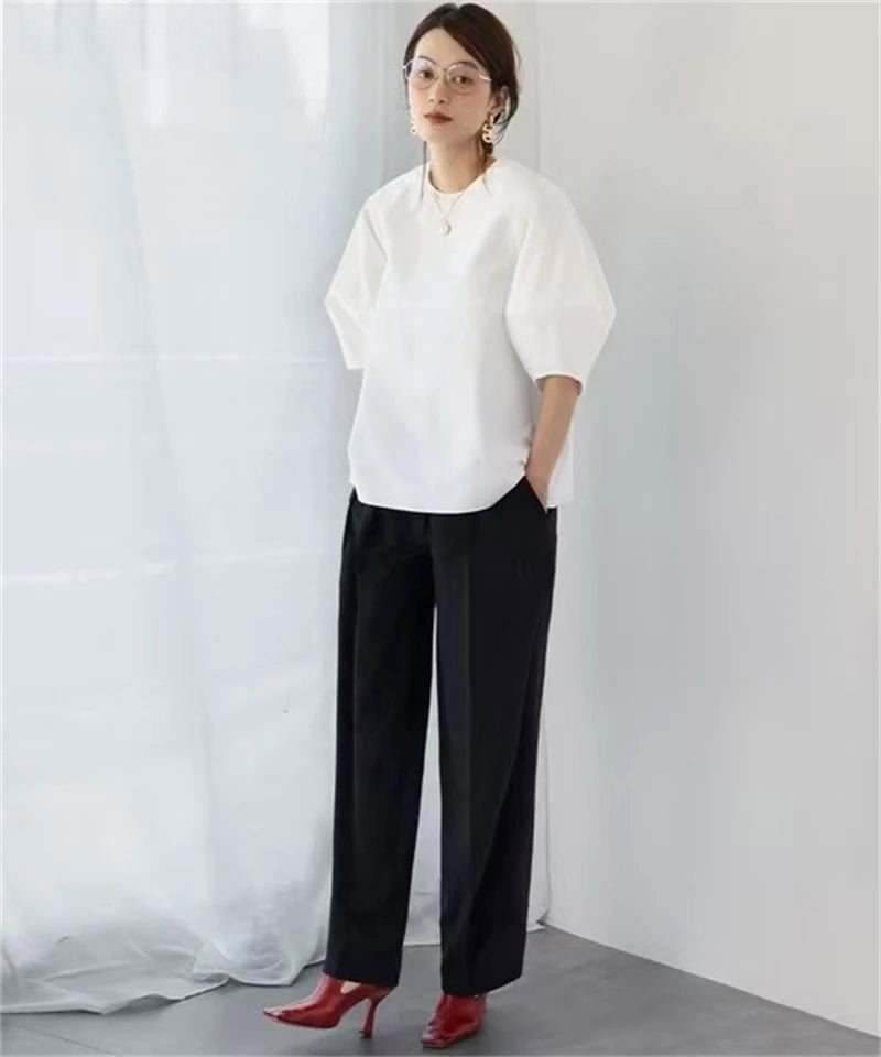 Casual Puff Sleeve Blouse | Summer O-Neck Loose Top -  Écru Doux