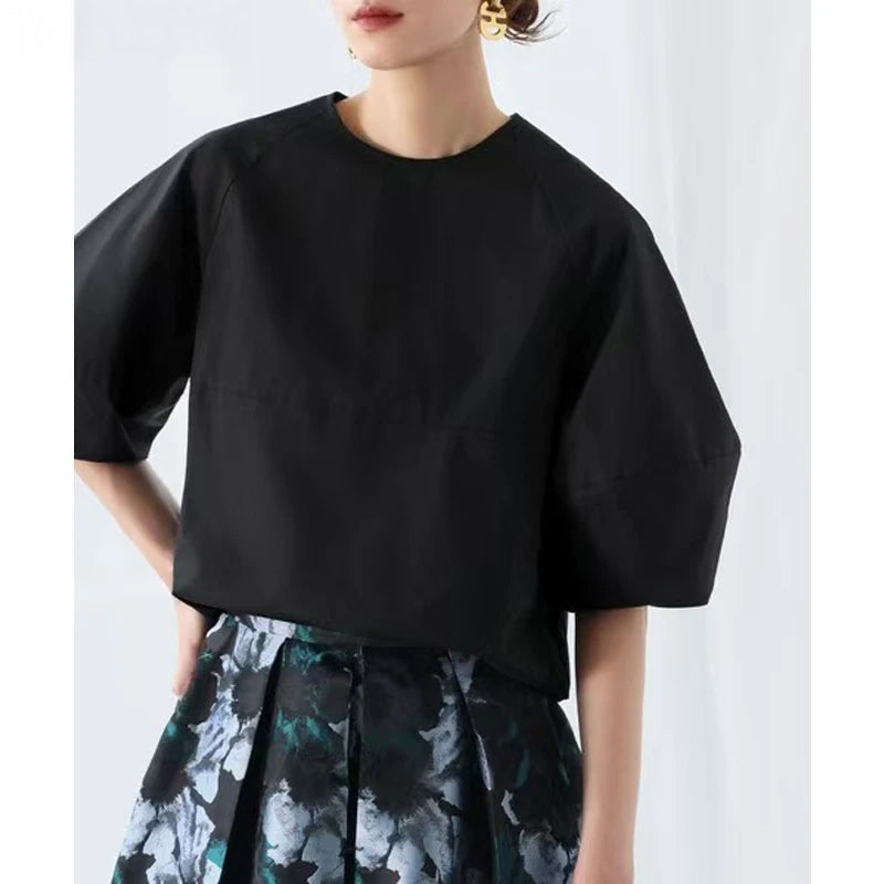 Casual Puff Sleeve Blouse | Summer O-Neck Loose Top -  Écru Doux