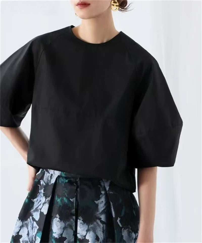 Casual Puff Sleeve Blouse | Summer O-Neck Loose Top -  Écru Doux