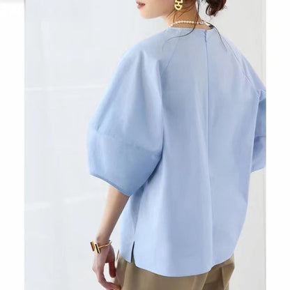Casual Puff Sleeve Blouse | Summer O-Neck Loose Top -  Écru Doux